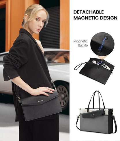 LOVEVOOK Laptop Bag for Women, 15.6'' Laptop Tote Purse 2-in-1 Professional Work Bag Business Briefcase with Clutch Purse, Waterproof Leather Computer Handbag for Teacher Office Travel