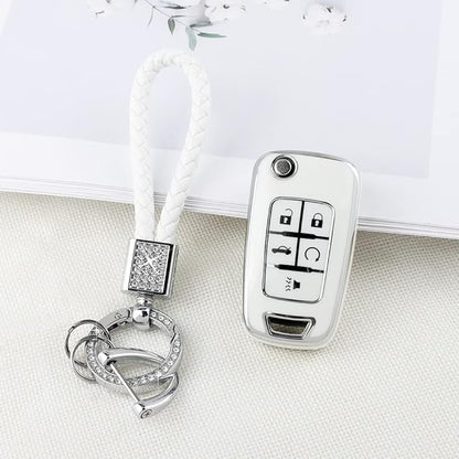 PIFOOG Key Fob Cover for Chevy 5 Button Keys Case Shell Protector TPU Soft Bling Car Keychain Accessories Fit for Equinox Cruze Malibu Camaro Sonic Trax Cute Girly Women White Silver
