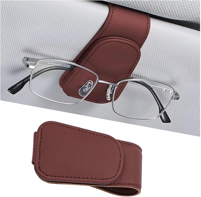Sunglasses Holder for Car Visor, Microfiber Leather Magnetic Sun Visor Eyeglasses Hanger & Ticket Card Clip, Multi-Function Automotive Interior Glasses Mount, Universal Fit (Wine Red)