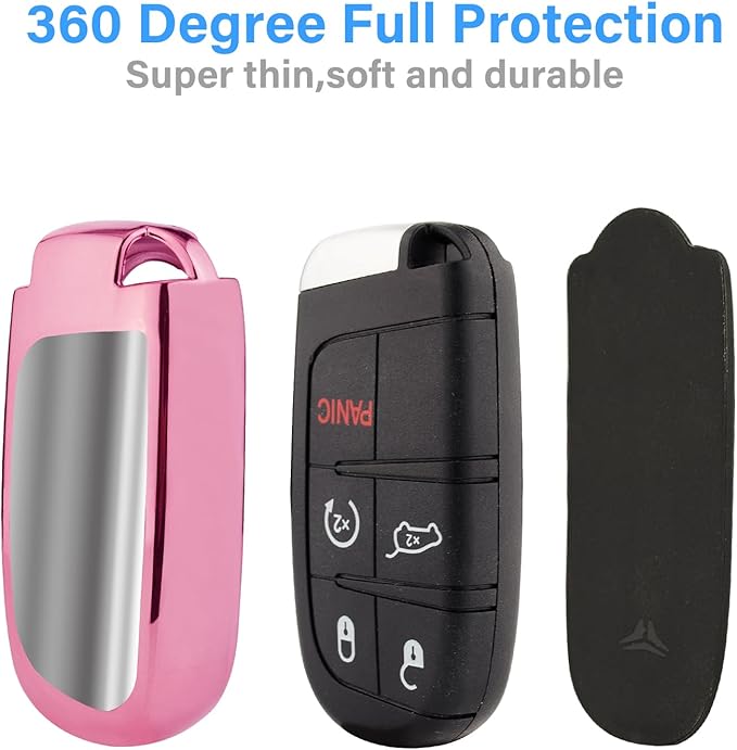 XIYANG TRADE for Jeep Key Fob Cover with Keychain,Soft TPU Key Case Shell Full Protection for Grand Cherokee Renegade Chrysler 200 300 Dodge RAM Durango Challenger Journey Dart Compass Charger(Pink)