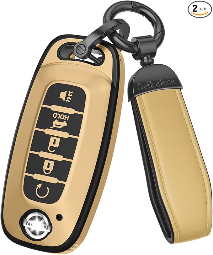 for Nissan Key Fob Cover Accessories- Matte TPU Key Fob Cover with Leather Keychain for 2023 2024 Rogue Pathfinder Versa 2025 Sentra Patrol Armada Smart and More (Champagne Gold, 5 Buttons)