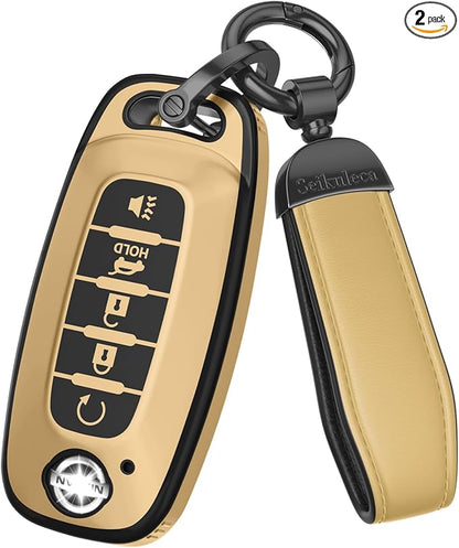 for Nissan Key Fob Cover Accessories- Matte TPU Key Fob Cover with Leather Keychain for 2023 2024 Rogue Pathfinder Versa 2025 Sentra Patrol Armada Smart and More (Champagne Gold, 5 Buttons)