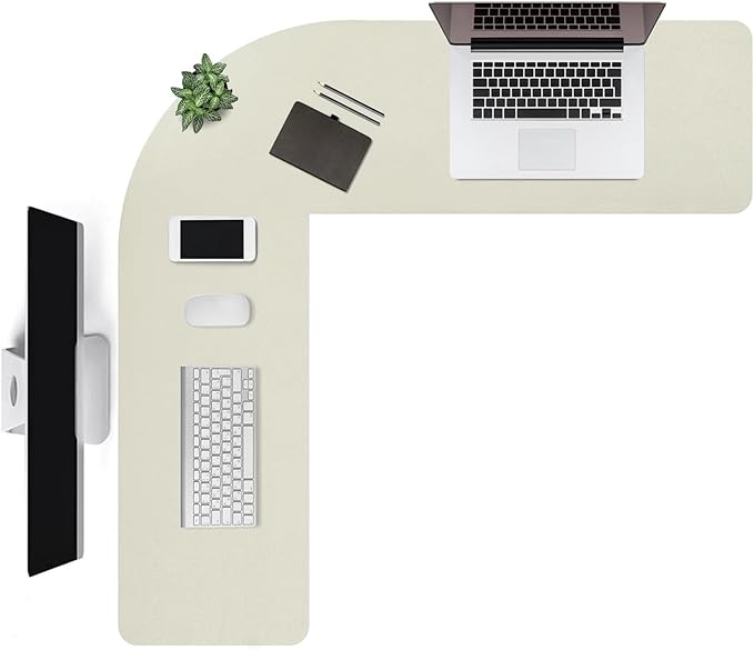 Liveinu L Shaped Gaming Desk Mat Mouse Pad, PU Leather Corner Desk Mat Blotter, Waterproof Desktop Protector for Computer Keyboard Home Office, Beige, 48"x48"x16"