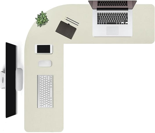 Liveinu L Shaped Gaming Desk Mat Mouse Pad, PU Leather Corner Desk Mat Blotter, Waterproof Desktop Protector for Computer Keyboard Home Office, Beige, 48"x48"x12"