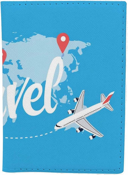 Around the World Passport Holder for Travel Airplane Flying over Map World PU Leather Passport Cover Wallet Cute Passport Card Holder for Women and Men