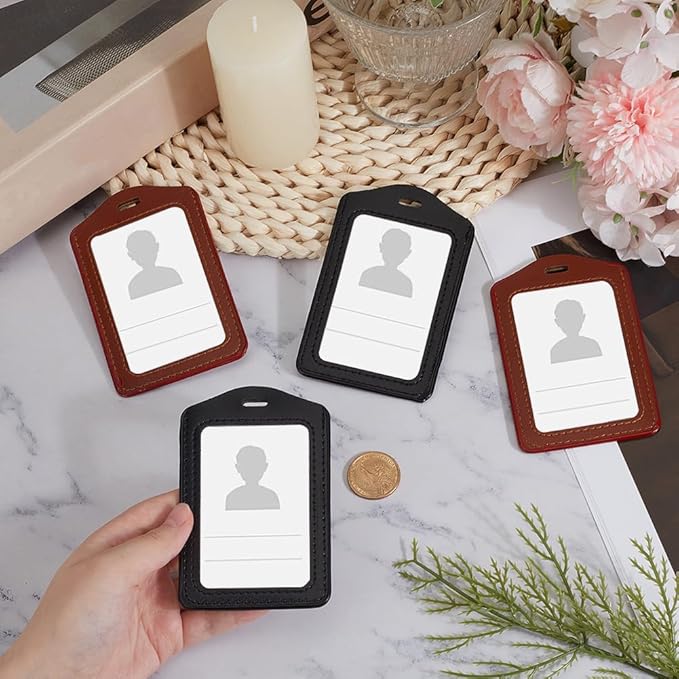 4PCS Doubel Sided PU Leather Badge Holder with Clear Window 2 Colors Vertical ID Card Case Waterproof Leather Photocard Protector Name Badge Pouch for Office Staff Students School