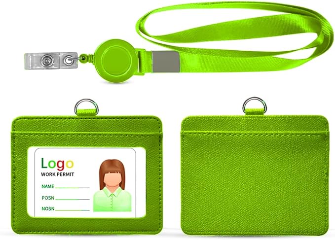 HYCOPROT ID Badge Holder with Lanyard Heavy Duty Retractable PU Leather Vertical Horizontal ID Card Holders with 1 Clear ID Window & 1 Credit Card Slot for Office Driver Licence (Horizontal, Green)