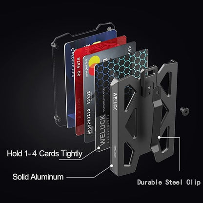 Badge Holder Wallet, Aluminum Card Holder with Metal Clip, Lanyard ID Holder 4 Cards Storable for Business Office Work Police Outdoor Gift (Black02)