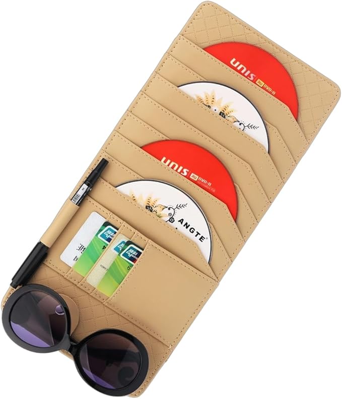 CD Case Holder for Car Sun Visor, Visor DVD Storage Organizer with Sunglasses Clip, Pen Holder & Card Slot, Multifunctional Automotive Disc Storage Pocket, Universal for SUV RV Truck (Beige)