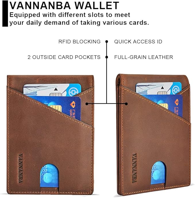 VANNANBA Real Leather Wallets for Men - Minimalist Wallet for Men with ID Window - RFID Blocking Slim Bifold Front Pocket Wallets with Gift Box(Vintage Brown)
