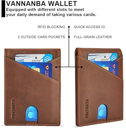 VANNANBA Real Leather Wallets for Men - Minimalist Wallet for Men with ID Window - RFID Blocking Slim Bifold Front Pocket Wallets with Gift Box(Vintage Brown)