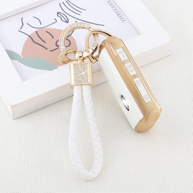 PIFOOG Key Fob Cover for Mazda 4 Buttons White Gold TPU Car Keys Case Shell Protector Bling Keychain Ring for Mazda 3 6 CX5 CX9 CX30 CX50 MX5 Smart Key Accessories Girly Women Cute