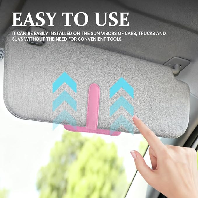 Small Leather Sun Visor Organizer, Visor Accessories, Multi-Pocket Sunvisor Storage with Sunglass Holder, Car Organizer for Drving License Card Pen Fits Most Vehicles (Pink)