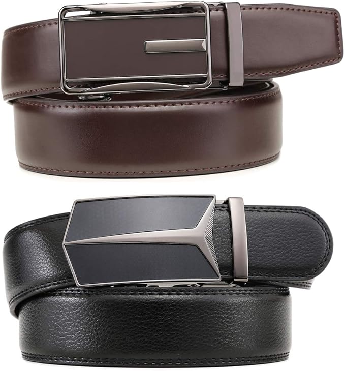Founders & C Mens Belt 2 Pack,Leather Ratchet Click Belt Dress with Slide Buckle 1 3/8" in Gift Set Box- Size Adjustable
