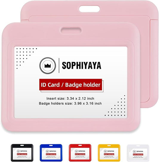 6 Pack Sliding Horizontal Badge Holder Hard Plastic Key Card Work Badge Sleeve for Office School Factory Teacher Student (Pink)