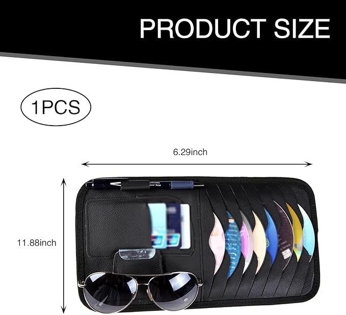 1 PC Car Sun Visor CD Storage Bag, Multi-pocket Leather Layered Organizer, Multi-functional Storage Folder for CDs Sunglasses Cards Pens, Universal Interior Accessories for Cars (Black)