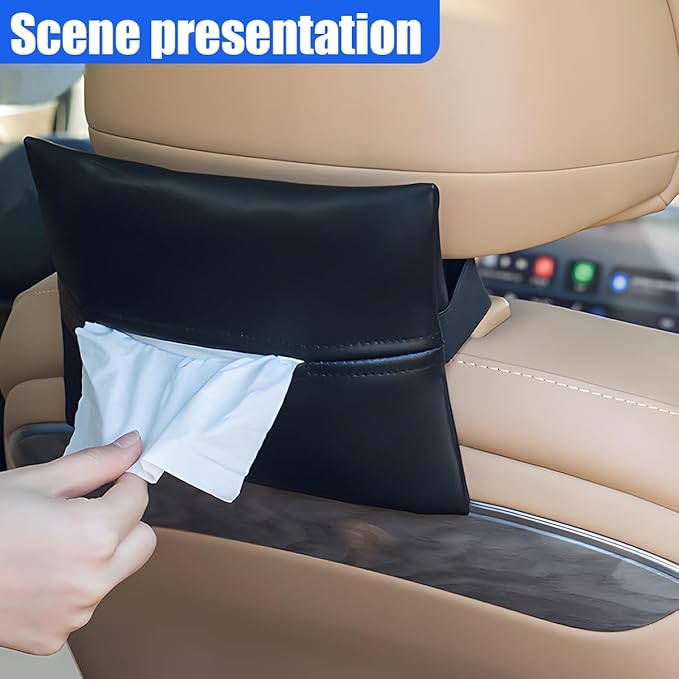 YoRise Car Tissue Holder, PU Leather Car Napkin Holder with Adjustable Strap, Center Console Tissues Box Cover, Sun Visor Organizer Keep Auto Tidy, Vehicle Headrest Storage Accessories (Black)