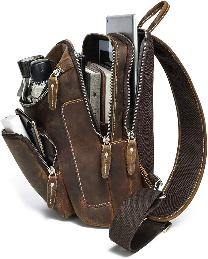 LANNSYNE Vintage Full Grain Leather Sling Bag Crossbody Chest Daypack | Vintage, Full Grain, Leather, Chest
