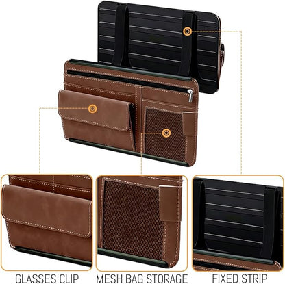 Car Sun Visor Organizer, Leather Vehicle Visor Card License Storage Pouch with Glasses Holder, Multifunctional Auto Interior Sunshade Document Pocket Organizer, Universal for Vehicles (Brown)