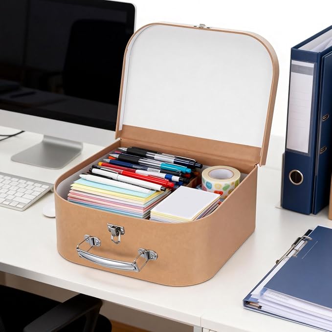 HOMSFOU Kraft Paper Storage Suitcase 10X10X10 Inches Multipurpose Decorative Box for Jewelry Stationery Wedding Party Favors Travel and Home Organization