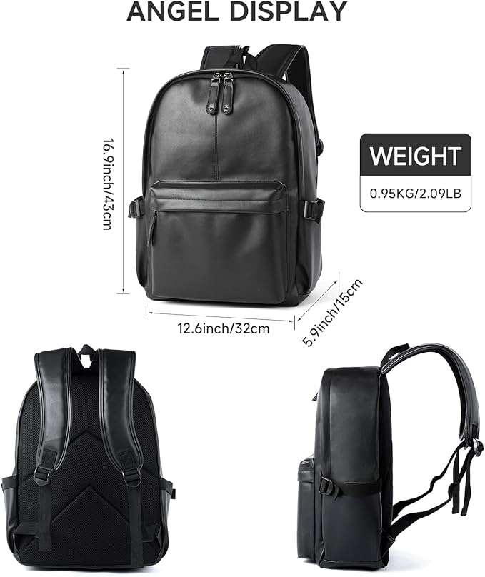 MOYYI Leather Backpack for Men Black Large Backpack Fit 15.6inch Laptop Rucksack Waterproof for business Commute Casual Daypack