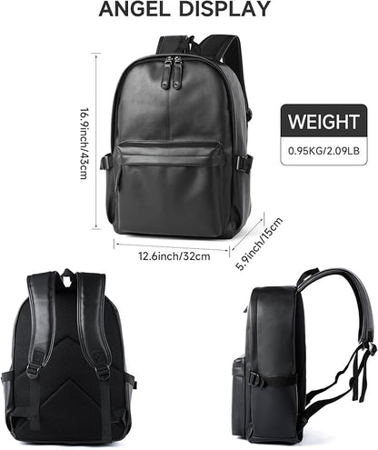 MOYYI Leather Backpack for Men Black Large Backpack Fit 15.6inch Laptop Rucksack Waterproof for business Commute Casual Daypack