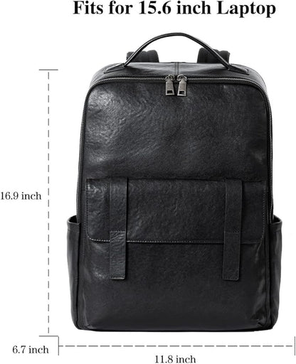 15.6 Inch Genuine Leather Laptop Backpack for Men Women, Business Travel Backpack Hiking Daypack Rucksack (7#Black)