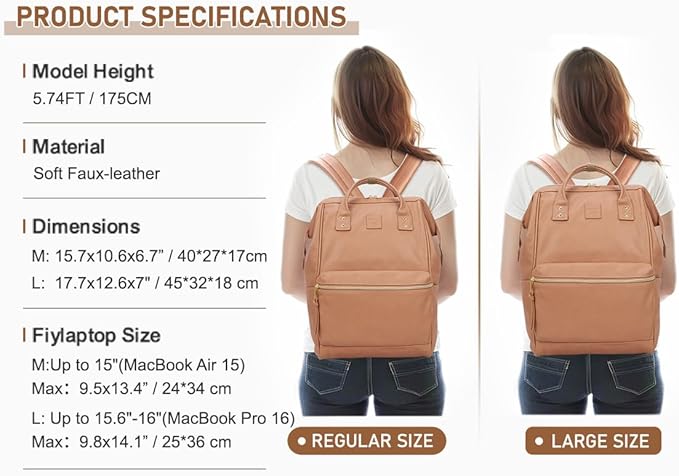 Kah&Kee Leather Laptop Backpack for Women, 14-15 Inch Professional Work Bag, Water-Resistant Vegan Leather Doctor Bag Backpack for Teacher, Nurse & Travel, Fits MacBook Air 15 (Tan Pink,Medium)