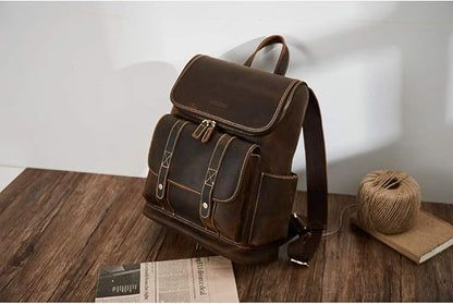 BOSTANTEN Leather Backpack for Men 15.6 inch Laptop Backpack Vintage Travel Office Bag Large Capacity Shoulder Bag Coffee