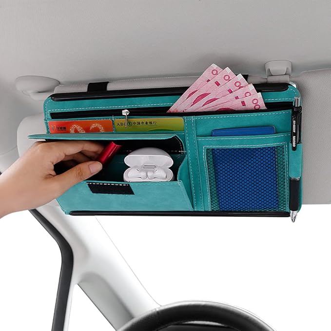 JEYODA Car Sun Visor Organizer Glasses Case Storage Bag note Holder Car suede Zipper Card Hold Car Organizers and Storage (blue)