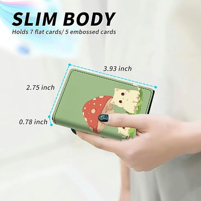 Mushroom Cat Minimalist Wallet for Men, Pop Up Card Case Wallet for Women, PU Leather Automatic Credit Card Holder Metal Money Clip Wallet RFID Blocking Bifold Pocket Wallet