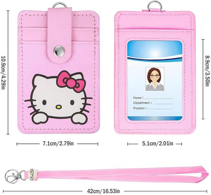 【2025 Latest】 Woosifun ID Badge Holder Cute Credit Card Case Neck Pouch Lanyard with Cartoon Shield Keychain for Students Teens Boys Girls Staff Women (Pink Cat)