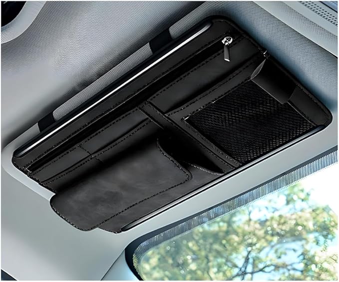 Yourkar Car Sun Visor Organizer, Soft Leather Surface Eyeglasses Note Card Holder Car Storage Bag, Scratch-Resistant Waterproof Auto Sunshade Organizer Bag, Car Accessories (Black)