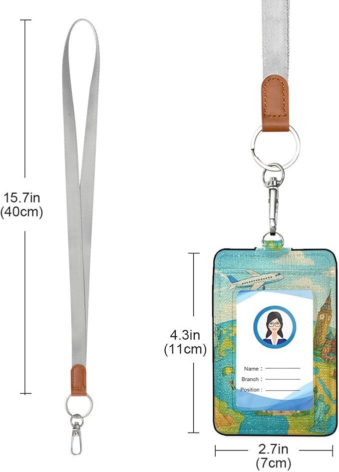 Badge Holder, Travel The World PU Leather School College Business ID Badge Card Holder Wallet Case with 1 Clear Window, 2 Credit Card Slots and Detachable Neck Lanyard - Vertical