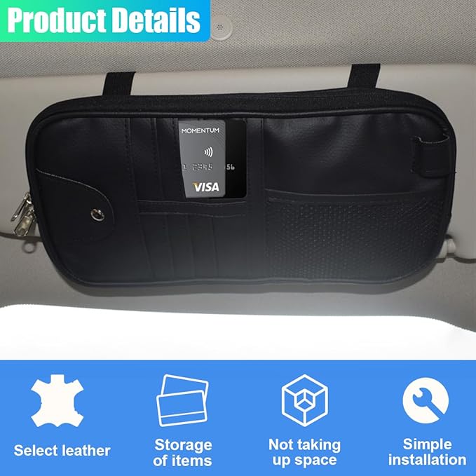 ZIMISI Car Visor Organizer, Double Zipper Sunglass Holder with Elastic Bands, PU Leather Car Storage Holder, Multi-Pocket Storage Pouch, Sun Visor Organizer for Most Cars (Black)