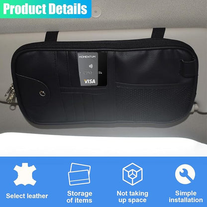 ZIMISI Car Visor Organizer, Double Zipper Sunglass Holder with Elastic Bands, PU Leather Car Storage Holder, Multi-Pocket Storage Pouch, Sun Visor Organizer for Most Cars (Black)