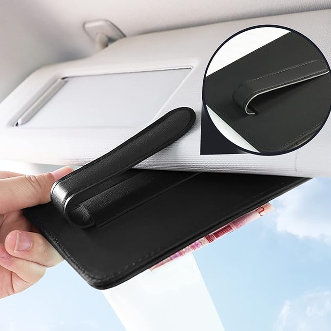 Black Small Car Sun Visor Organizer with Clip, Sunglasses Holders for Car Sun Visor PU Auto Interior Accessories Storage Travel Document Holder with Multi Pocket