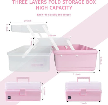 Creahaus 13 inch Art Craft Organizer Storage Box with 3 Layer, Multipurpose Plastic Tool Box with Handle for Sewing, Art Supply, Medicine, Nail, Hair Accessories (Pink)