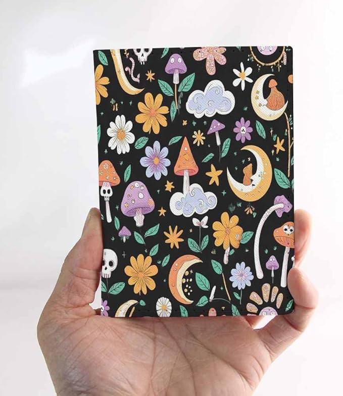 Retro Boho Passport Holder for Travel Mushrooms Skull Crescent Flowers PU Leather Passport Cover Wallet Cute Passport Card Holder for Women and Men