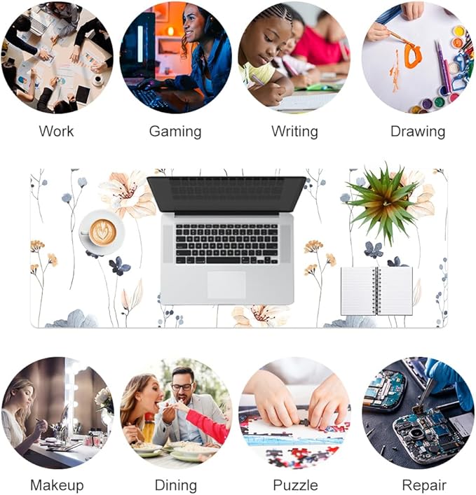 QIYI Large Mouse Pad, Floral Desk Mat for Desktop, Women Girls PU Leather Waterproof Gaming Mousepad, Computer Laptop Flower Desk Accessories Protector Writing Pad for School Office Home 31.5" x 11.8"