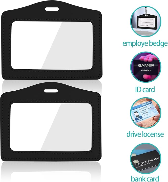 2 Pcs Genuine Leather ID Badge Holder Horizontal Double-Side Clear Card Holder Waterproof Name Badge Holder for Office, Staff, Students, Employees(Black&Black)