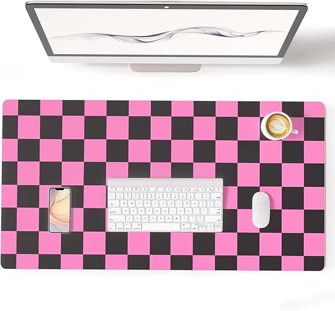 Colorful Star Large Black and Pink Mouse Pad, Plaid Waterproof Office Desk Mat, Non-Slip Gaming Mouse Pad, XXL PC Laptop Protector Pads, PU Leather Desk Writing Pads for Office Home, 31.5" x 15.7"
