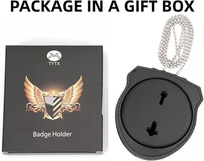 TYTX Police Badge Holder (Badge Not Included) 3.1" with Belt Clip Universal Round Neck Stainless Steel Chain and Concealed Photo Pocket