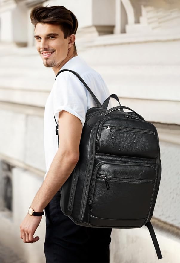 Vegan Leather Backpack, 40L Expandable, TSA Travel Backpack for Men and Women, Fits 17.0 Inch Notebook with Luggage Strap and USB Port, Black