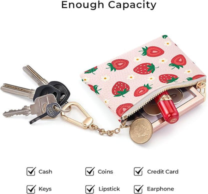 Strawberry Cute Keychain Coin Purse for Women, Small PU Leather Change Pouch, Zipper Little Tiny Travel Wallet for Girls, Cute Kawaii Zip Pocket Coin Holder with Key Ring