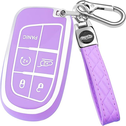 XIYANG TRADE for Jeep Key Fob Cover with Keychain,Soft TPU Key Case Shell Full Protection for Grand Cherokee Renegade Chrysler 200 300 Dodge RAM Durango Challenger Journey Dart Fiat Smart Key (Purple)