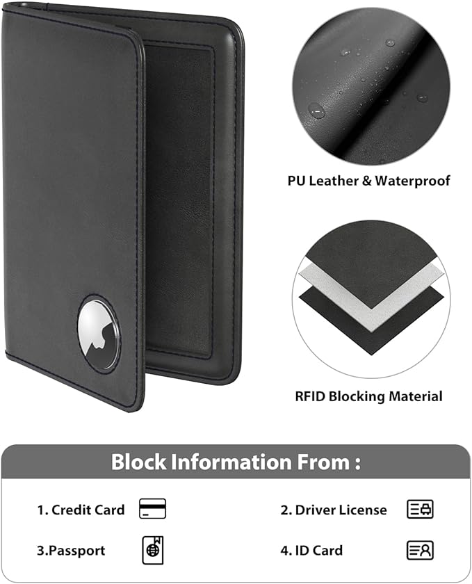Stouchi AirTag Passport Holder, Slim Passport Holder Family with Airtag Slot, RFID Passport Wallet Cover for Men, PU Leather Passport Case, Anti-Lost Travel Accessories, Black