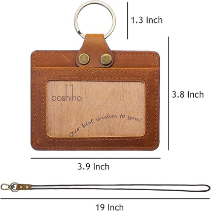 Badge Holder: Boshiho Cowhide Leather ID Badge Card Holder with 19" Neck Lanyard, Horizontal Style (Light Brown)