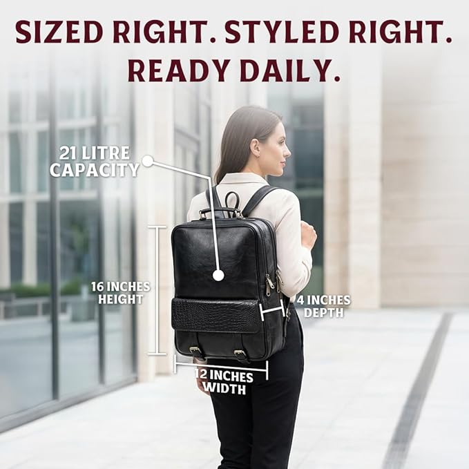 15.6" Luxury Black Leather Laptop Backpack for Men & Women. Leather Bag for Professional Use in Office & Business