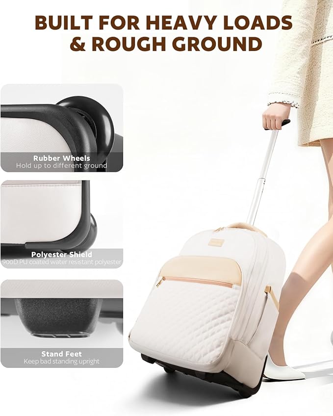 Arcoyard Rolling Backpack For Adults With Wheels, 40L Wheeled Backpack For Women, Travel Roller Backpacks, Carry On Luggage, Rolling Bag, Beige